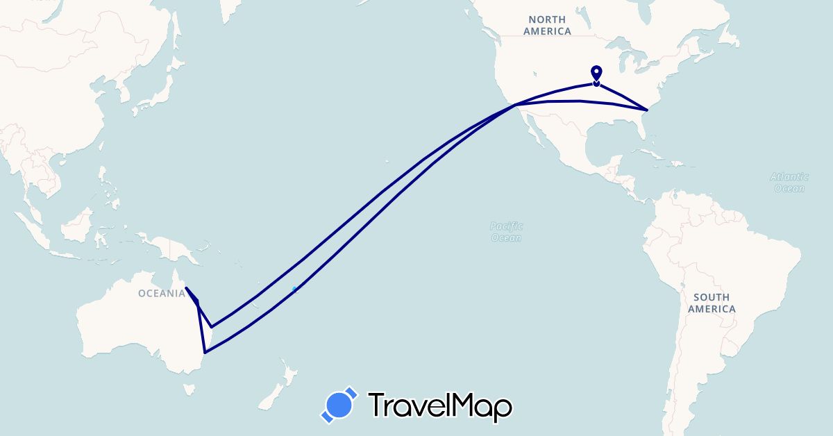 TravelMap itinerary: driving, plane, boat in Australia, Fiji, United States (North America, Oceania)